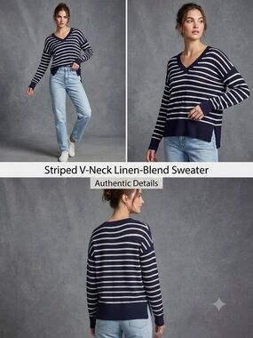 GAP Linen Blend Striped V-Neck Sweater Navy Blue White Lightweight Small